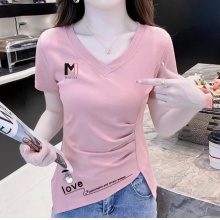 纯棉短袖V领t恤女夏季2025年新款时尚小衫不规则修身上衣女设计感